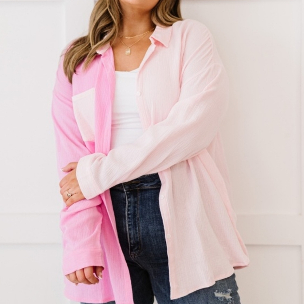 AMOLI Pinky Promise Full Size Run Color Block Button Down Shirt